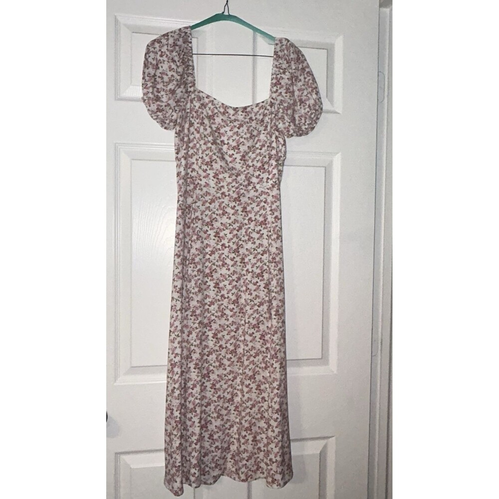 Francesca's Smocked Midi Dress Women's M White Pink Green Floral Cottagecore